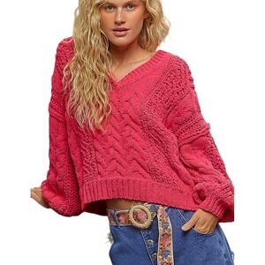 POL Cable Knit V Neck Sweater Fuchsia Pink Balloon‎ Sleeve Pullover  Size S